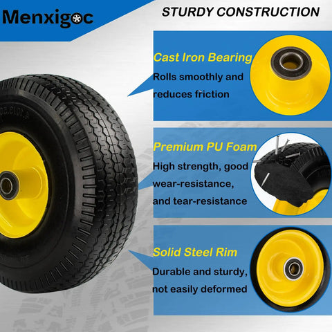 10 Inch Solid Tire And Wheel For Hand Trucks Garden Wagons Carts And Dollies, with yellow hub and black tire, 4.10/3.50-4 Size