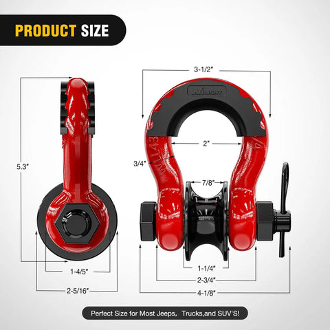 Three Quarters Inch D Ring Shackle With Snatch Block Recovery Set for Off Road Vehicles Two In One Heavy Duty Pulley And D Ring Mountable At Recovery Points For Easy Access Safe Quick Vehicle Recovery, size diagram