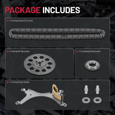 4.3L V6 Engine Timing Chain Kit With Sprocket For Chevy And GMC Trucks And Vans 1999 To 2003 package contents display