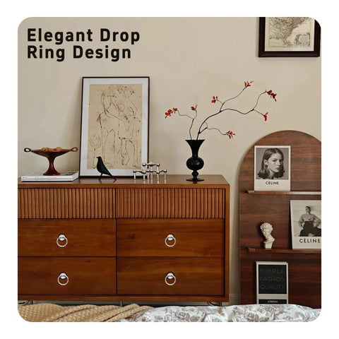 8Pcs Modern Drop Ring Drawer Pull Handles Zinc Alloy 54mm Total Length Silver Tone on wooden dresser