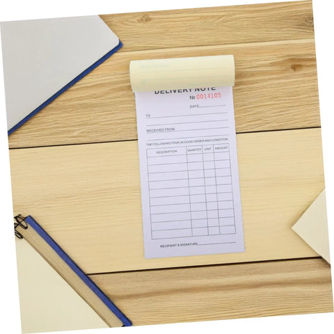 Three Part Carbonless Invoice And Receipt Book Pad For Small Biz Fast Billing Clear Order Forms Cash Receipts Handy Record Keeping For Stores Warehouses Retail And Repair Shops delivery note pad on desk