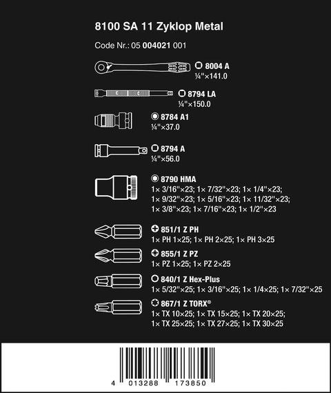 Diagram of Ultra Slim Zyklop Imperial Ratchet Set with Switch Lever, 28-Piece, metal socket tools details and measurements.