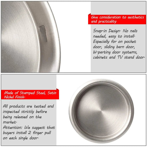 Close-up of satin nickel closet door finger pull with snap-in design, no nails needed, ideal for pocket and sliding barn doors.