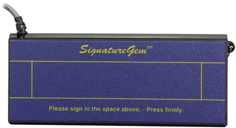 SignatureGem 1X5 USB Electronic Signature Pad With Software, sleek blue signing tablet with signing prompt.