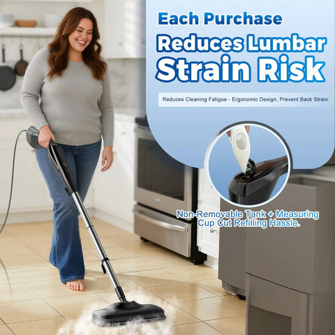 No Fuss Heavy Duty Steam Mop With Seventeen Attachments And Adjustable Two Sixty Degree Flow in use on tile floor.