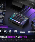 Streaming Ready Gaming Audio Mixer With RGB PC Interface on desk, featuring XLR Mic Input, individual channel control, volume fader.