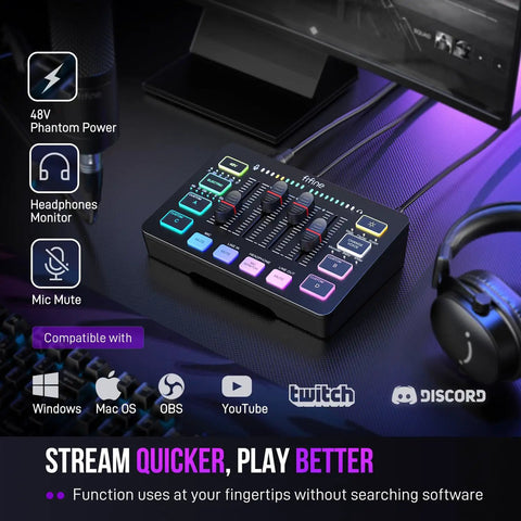 Streaming Ready Gaming Audio Mixer With RGB PC Interface on desk, featuring XLR Mic Input, individual channel control, volume fader.