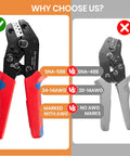 Comparison of two ratchet wire crimping tools showcasing the SNA-58B for open barrel terminals, 24-14 AWG, with red grip and marked AWG.
