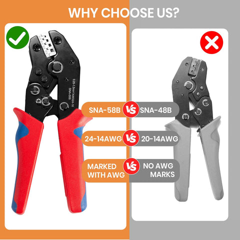 Comparison of two ratchet wire crimping tools showcasing the SNA-58B for open barrel terminals, 24-14 AWG, with red grip and marked AWG.