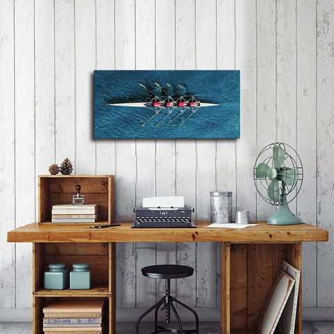 Motivational Teamwork Wall Art With Rowing Team On Blue Ocean For Positive Office Vibes, 12x18 Inch Framed.