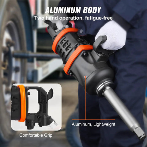 1 Inch Air Impact Wrench With Extended Anvil Knocking Out 5175 Ft Lbs Of Beast Mode Torque for easy two-hand operation with aluminum body.