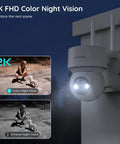 2K Ultra Clear Solar Wireless Outdoor Security Camera With 360 Degree PTZ, installed on wall showing night vision capability