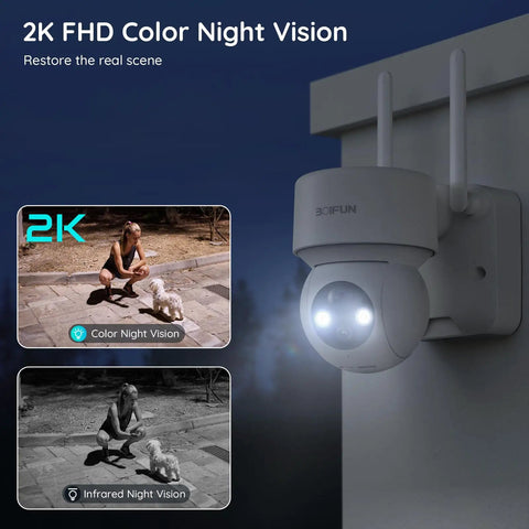 2K Ultra Clear Solar Wireless Outdoor Security Camera With 360 Degree PTZ, installed on wall showing night vision capability