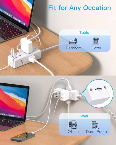 Ultimate Desktop Power Strip With 6 Outlets And 4 USB Ports Including 2 USB C Fast Charge Ports on desk and wall mount