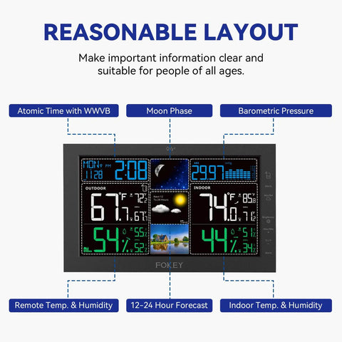 Front view of Dope Weather Station With Wireless Indoor Outdoor Thermometer And Atomic Clock, 7.6 inch VA Display, showing data layout.