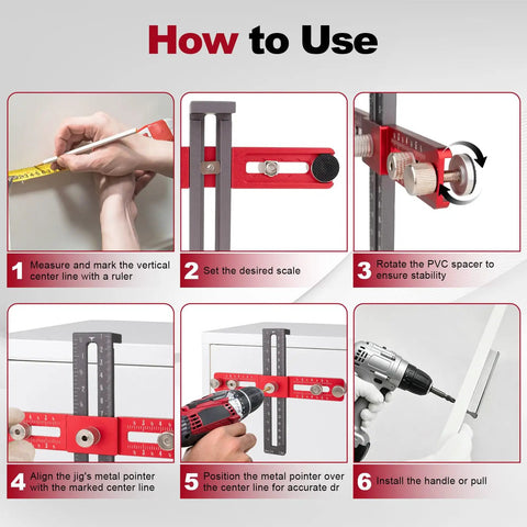 Upgrade Your Kitchen Cabinets In No Time With This Slick Adjustable Hardware Jig Template Designed For Drawer Pulls And Cabinet Handles Featuring Easy Peasy Hole Positioning And No Sweat Drilling Alignment Guaranteed showing step-by-step usage instructions.