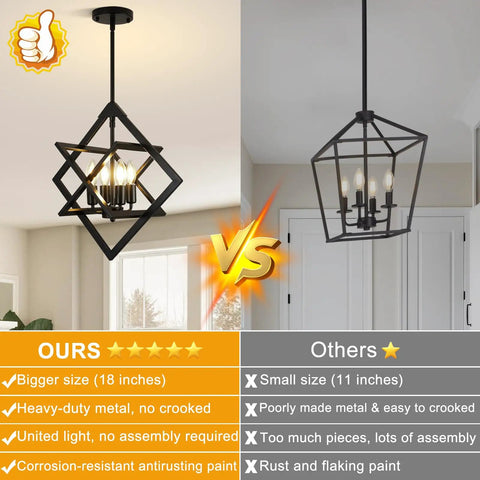 Modern Eighteen Inch Black Chandelier Four Light Industrial Pendant Effortless Setup For Dining Room And Kitchen Island comparison image showing design features.