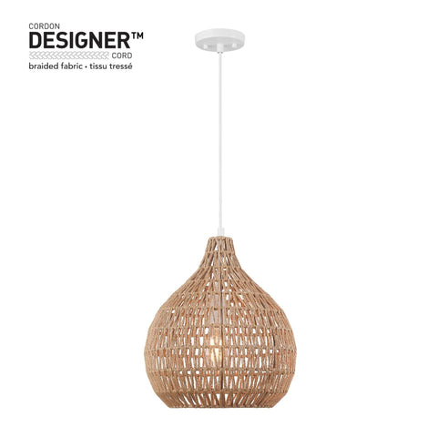 Japandi Inspired Tika 1-Light Pendant With Natural Blonde Twine Shade And White Cloth Cord Rustic Chic Ceiling Light