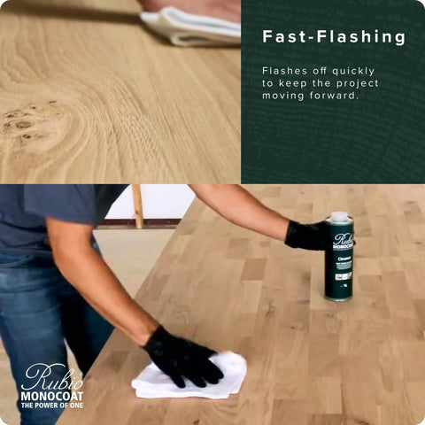 Raw Wood Cleaner For Prep And Finish Electrostatic Dust Removal After Sanding And Vacuuming in use on wooden surface