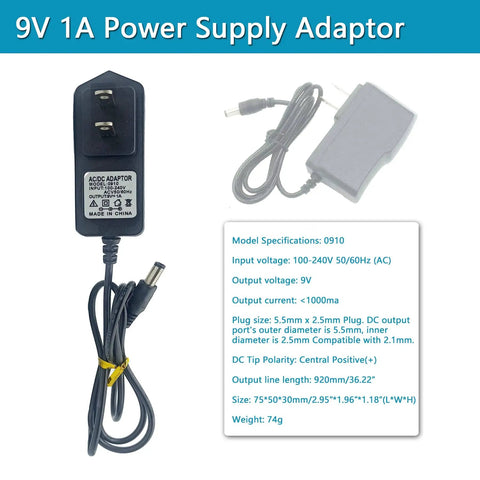 9V 1A adapter for Breadboard Power Supply Module With 3.3V And 5V Outputs, including plug and cable specifications.