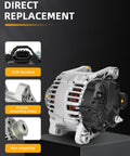 Front and side view of Drop In Ready Alternator For Hyundai Sonata 2010 2013 And Kia Optima 2011 2013 12V 100Amp Chrome Finish 1 Groove Pulley CW One Wire System Replaces 11491 11492 37300 2G150 showing features.