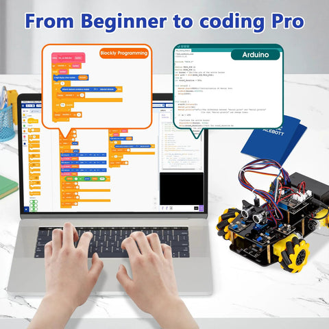 ACEBOTT smart robot car kit, front view, Arduino-compatible electronics beside a laptop with block programming.