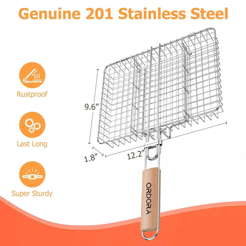 Deep Stainless Steel Grill Basket With 3 Section Dividers And Detachable Handle For Fish Meat Veggies And Shrimp Outdoor BBQ Grilling Accessory.