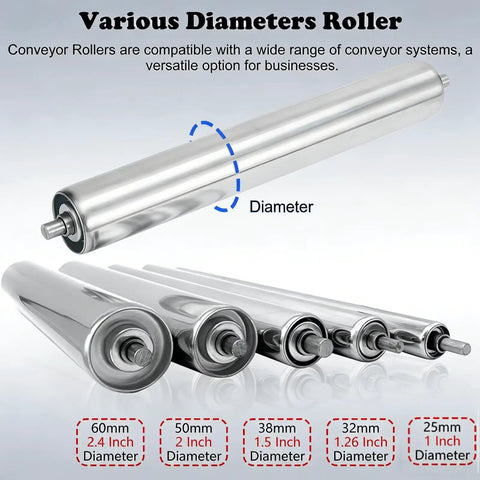 Various diameters of Heavy Duty Stainless Steel Conveyor System Replacement Roller 1 Inch Diameter By 11.8 Inch Length for warehouses.