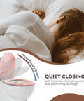 Round Resin Toilet Seat for Bathroom with soft close feature, shown above a resting person, ensuring quiet operation.