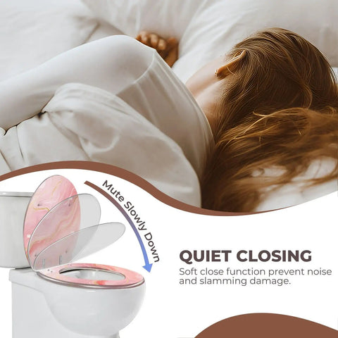 Round Resin Toilet Seat for Bathroom with soft close feature, shown above a resting person, ensuring quiet operation.