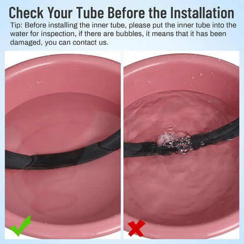 Durable 12.5X2.25 Inner Tube With Angled Valve Stem testing in water for leaks and airtight integrity check.