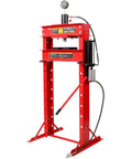 Heavy Duty 30 Ton Air Hydraulic Shop Press With Gauge And Sturdy H Frame Rig For Tough Garage Mods And Pro Mechanic Grinds in red.