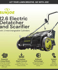 Corded Electric Dethatcher And Scarifier With 12.6 Inch Wide Path And 12 Amp Motor, 8 Gallon Bag, Heavy Duty Lawn Care Tool For Lawn Maintenance, Adjustable Depth With Five Positions AJ801E on green background.