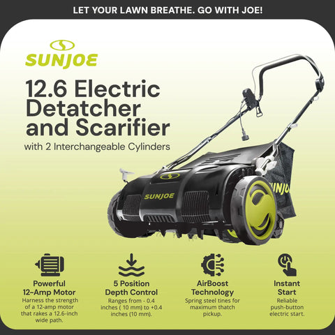 Corded Electric Dethatcher And Scarifier With 12.6 Inch Wide Path And 12 Amp Motor, 8 Gallon Bag, Heavy Duty Lawn Care Tool For Lawn Maintenance, Adjustable Depth With Five Positions AJ801E on green background.