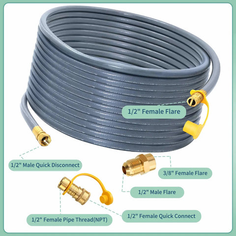 Heavy Duty 48 Ft Natural Gas Hose Extension Kit With Half Inch Quick Disconnects And Brass Adapters, coiled hose with fittings