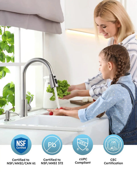 Kitchen Faucet With Soap Dispenser In 304 Stainless Steel Pull Down Sprayer 3 Modes Single Handle High Arc Dope Brushed Nickel Finish Fingerprint Resistant And Scratch Proof Great For RV Laundry Bar, family using faucet