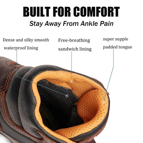 Close-up of Waterproof Steel Toe Work Boot For Men Leather Lace Up Industrial Safety Boots with lining and padded tongue details