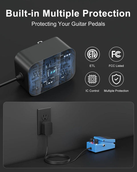 Rock-Solid 9V Guitar Pedal Power Supply With Quiet Gig-Ready Operation showing built-in multiple protection features