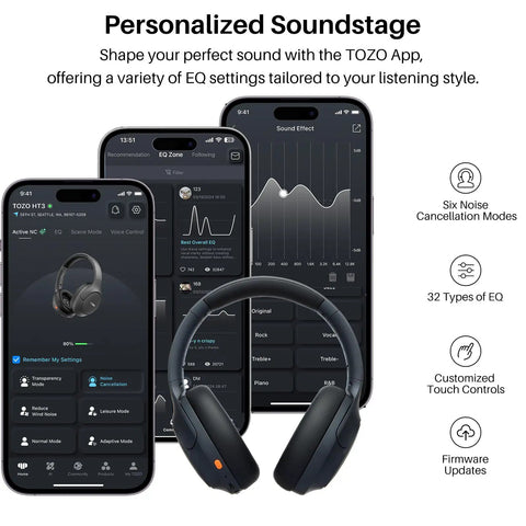 Hybrid Noise Cancelling Wireless Over Ear Headphones With 90 Hour Battery Life Bluetooth Six Point Zero Foldable Design AI Voice Assistant 5 Mics Dual Device Pairing Dope HiRes Sound And 32 EQ Presets displayed with app interface