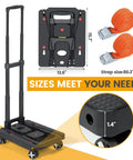 Side view of Orzbow car seat dolly for airport, black folding travel cart with 4 wheels and adjustable handle