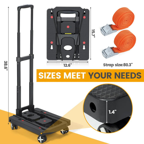 Side view of Orzbow car seat dolly for airport, black folding travel cart with 4 wheels and adjustable handle