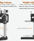 Diagram showing the Sturdy Drill Press Stand Bench Top With Vise For Hand Drill Adjustable Benchtop Holder with Aluminum Alloy Base.