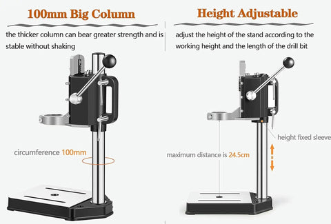 Diagram showing the Sturdy Drill Press Stand Bench Top With Vise For Hand Drill Adjustable Benchtop Holder with Aluminum Alloy Base.