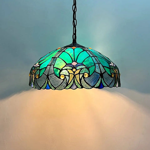 Tiffany Style Stained Glass Pendant Light With 16 Inch Wide Shade showcasing blue and green stained glass pattern.