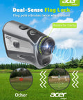 Golf Rangefinder With Slope, 1200-Yard Laser Range Finder, 6x Magnification with flag pole locking feature shown over landscape