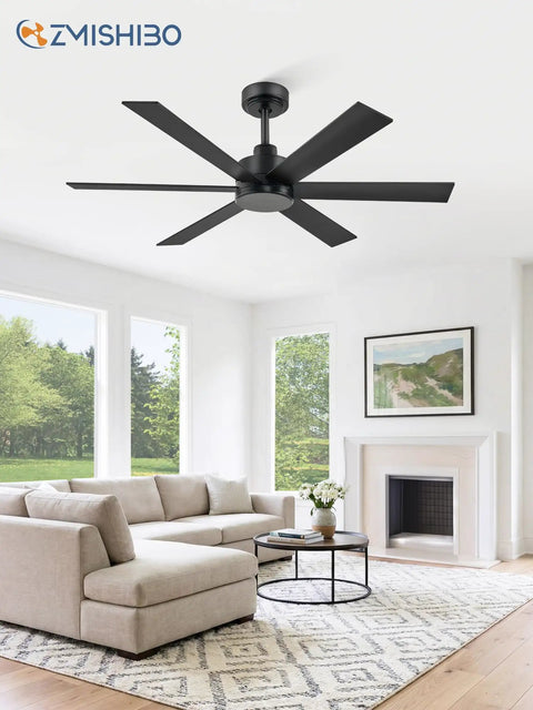 48 Inch 6 Blade Ceiling Fan No Light Black Finish With Quiet Reversible DC Motor 6 Speeds Ideal For Living Room Bedroom Patio Indoor Outdoor Use Energy Saver For Quiet All Season Comfort in modern living room setting