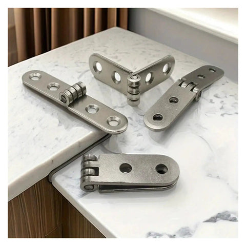 Set Of 10 180 Degree Adjustable Stainless Steel Foldable Hinges displayed on a marble surface