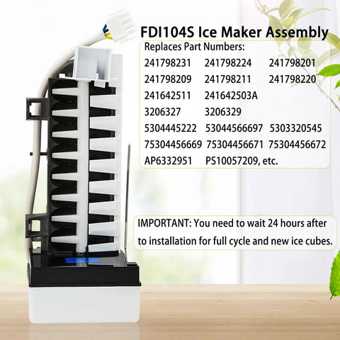 FDI104S Ice Maker Replacement for Frigidaire Refrigerators, High Capacity, Easy Quick Install, Replaces Multiple Common Frigidaire Ice Maker Parts, Keeps Your Ice Snappy and Clear, Durable, Ready to Install, black plastic ice maker assembly