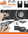 Close-up of 100 Piece Multitool Blade Kit for Wood Nails and Drywall Cutting showing adapter for Dremel and Fein tools.