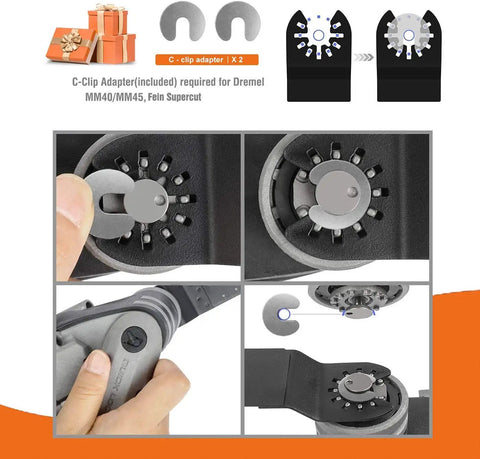 Close-up of 100 Piece Multitool Blade Kit for Wood Nails and Drywall Cutting showing adapter for Dremel and Fein tools.